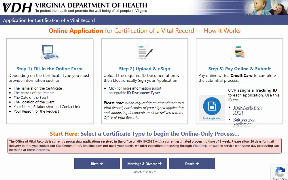 A screenshot of the online application for certification of a vital record provided by the Virginia Department of Health, showing the following three steps on how to apply: (step 1) Fill in the Online Form, (step 2) Upload & eSign, and then (step 3) Pay Online & Submit.