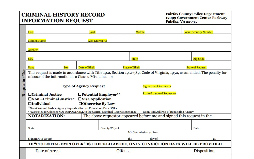 A screenshot of the Criminal History Record Information Request form provided by the Fairfax County Police Department that must be completed and submitted for in-person transactions.