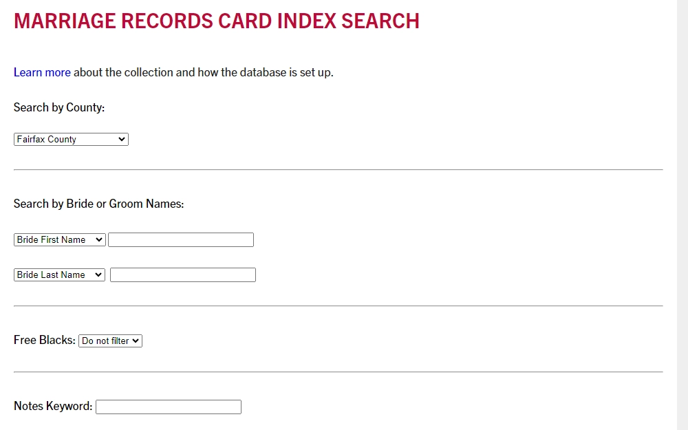 A screenshot of the Marriage Records Card Index Search tool provided by the Library of Virginia, where anyone can search by providing the county name, bride's first and last name, free blacks option, and notes keywords.