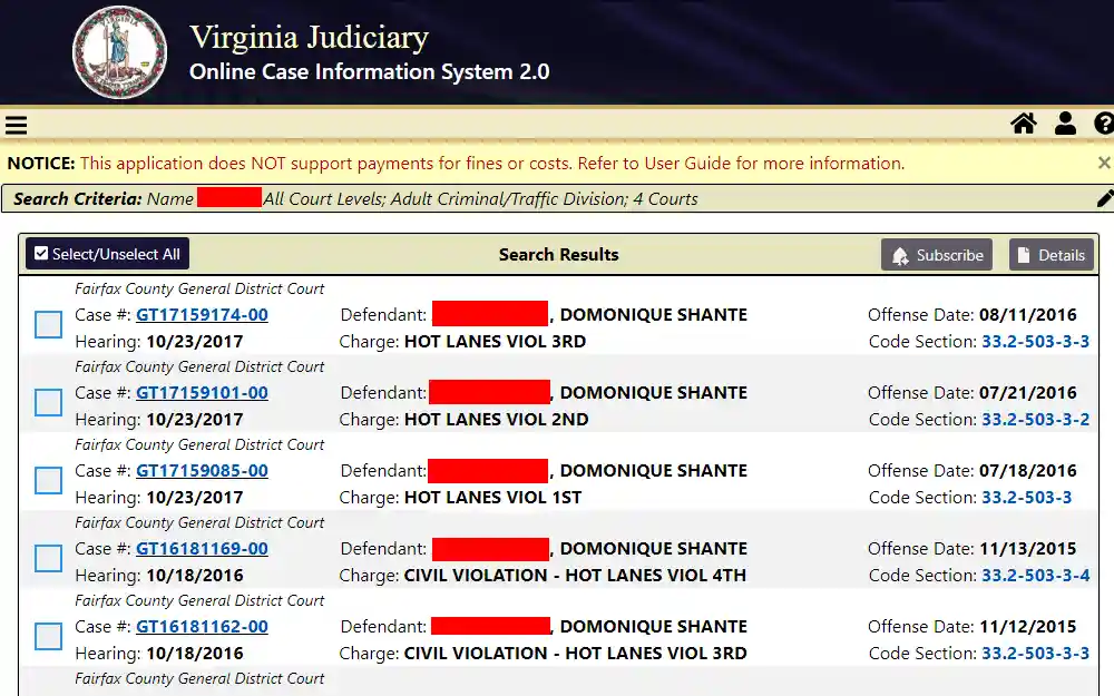 A screenshot of the Online Case Information System 2.0 (OCIS 2.0) sample search results provided by the Office of the Executive Secretary of the Supreme Court of Virginia, showing the individual case number, hearing date, name of defendant, charge, offense date, code section, and the court level.