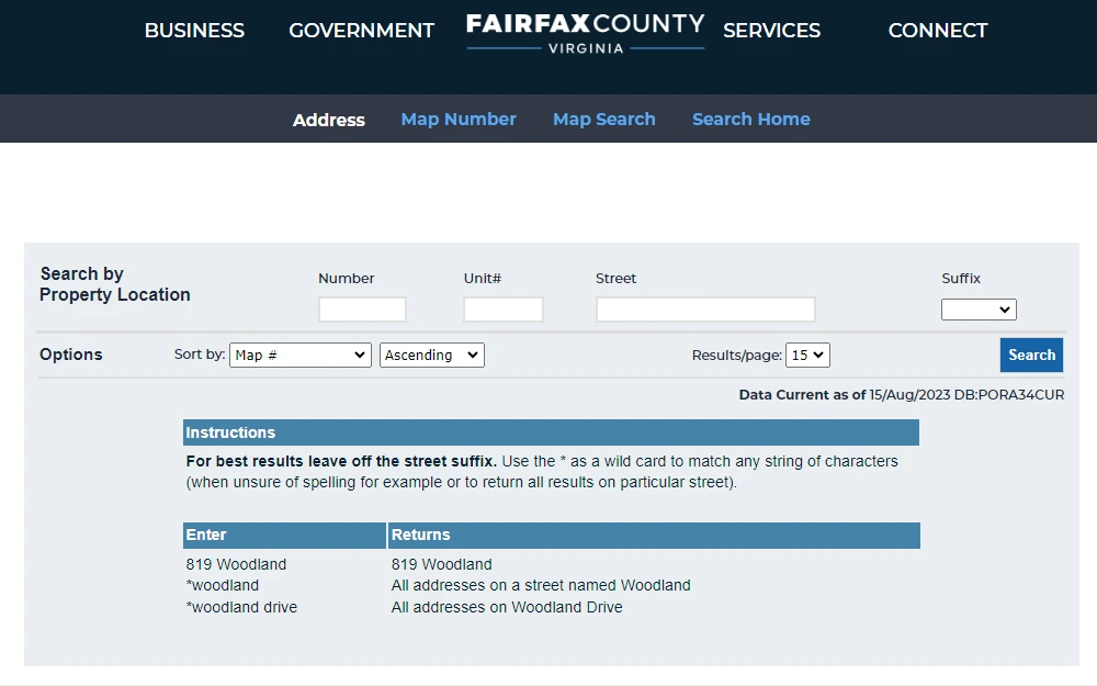 A screenshot of the Property Records search tool of Fairfax County, where anyone can search property locations by providing the number, unit, street name, suffix, and other details.