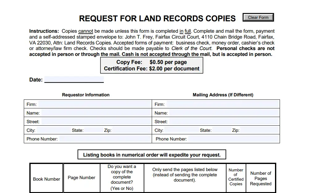 A screenshot of the Request For Land Records Copies form provided by the Fairfax Circuit Court that must be completed in full and submitted through mail when requesting a land record copy through mail transaction.
