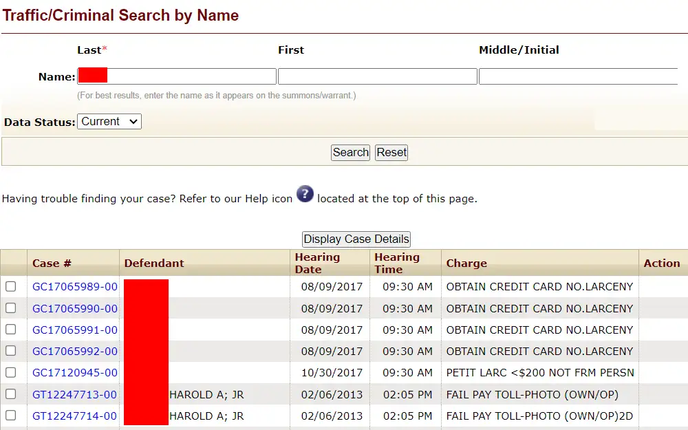 A screenshot of sample results when searching in General District Court Online Case Information through the Traffic/Criminal Search By Name option, showing the case # with a link to more details about the case, defendants' names, hearing date, hearing time, charge, and action.