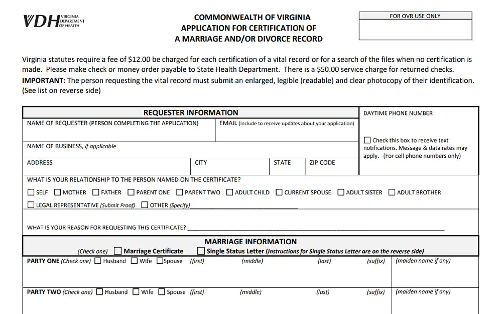 A screenshot shows an application for certification of a marriage and divorce record that requires information to be filled in, such as the requestor's name, the name of the business, the address, the city, the state, and other marriage details.