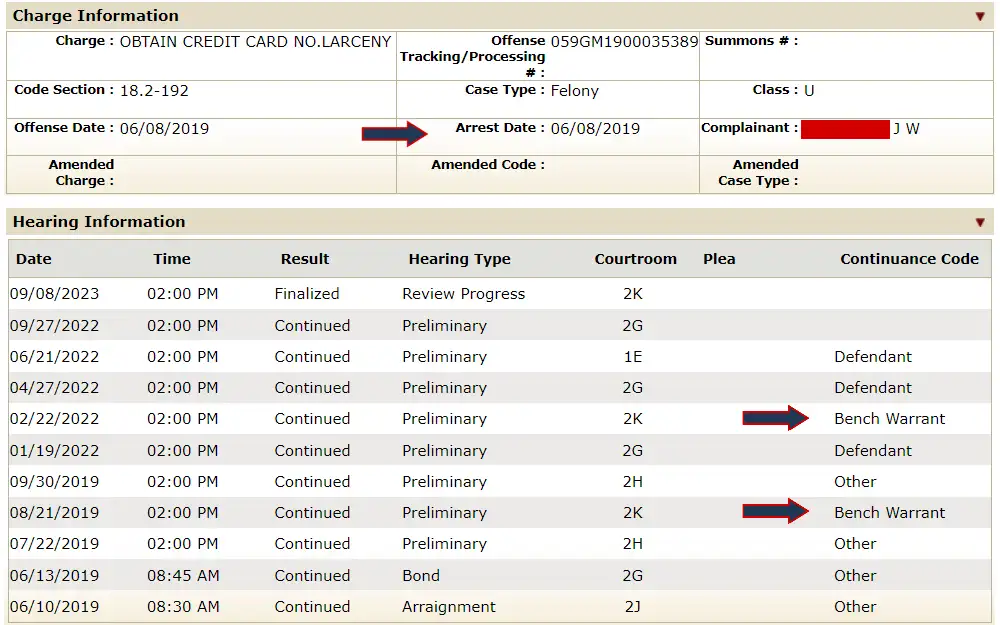 Screenshot of an offender's charge and hearing information containing arrest details.