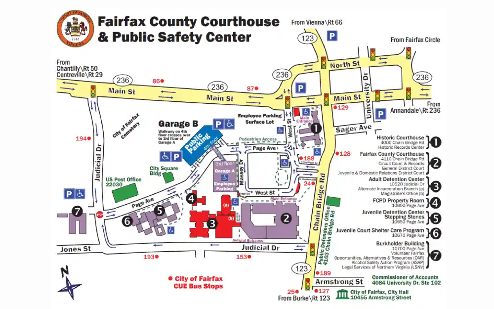 A screenshot of the Fairfax County Courthouse & Public Safety Center map showing Main, North Street, Sager Ave, Historic Courthouse, and Fairfax County Courthouse.