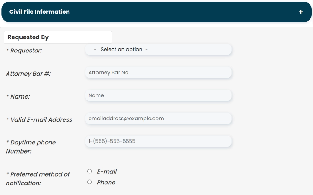 A screenshot showing a file review request form from the Fairfax County Circuit Court website requiring information such as requestor information, attorney bar number, name, valid email address, and others.