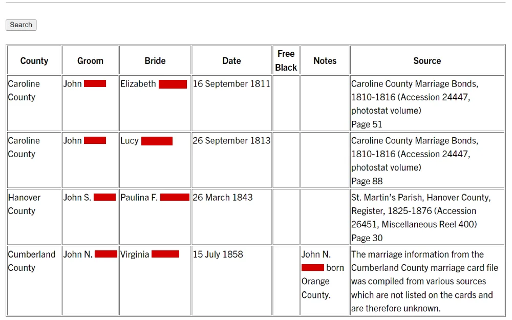 A screenshot from the Library of Virginia detailing various counties, including the names of the groom and bride, dates of the marriages, and references to the sources where the records are kept.