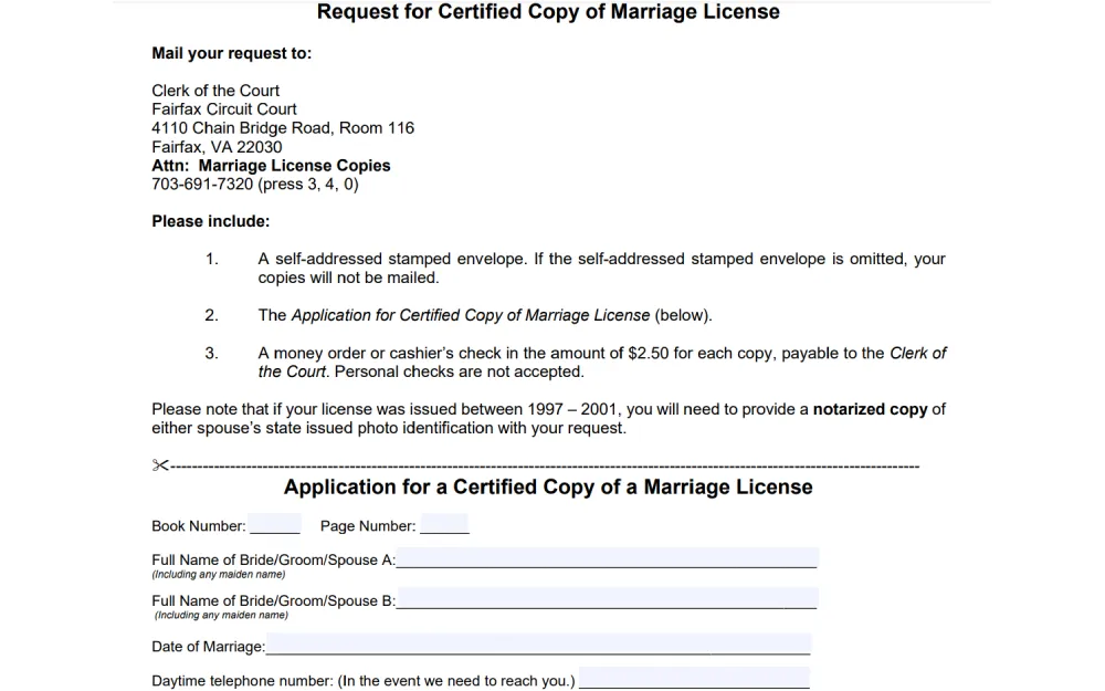 A screenshot from the Fairfax Circuit Court displaying instructions and the application form for requesting a certified copy of a marriage license from a circuit court, outlining the necessary steps, required documents, and the fees involved, with a special note on the need for notarization for licenses issued in certain years.