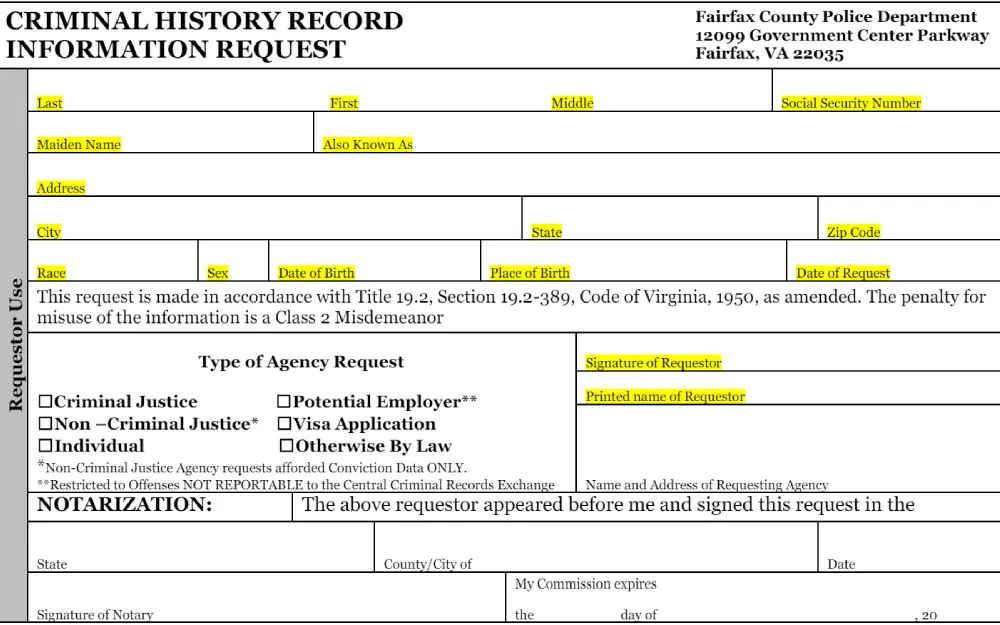 A screenshot of the Criminal History Record Information Request form provided by the Fairfax County Police Department that must be completed and submitted for in-person transactions.