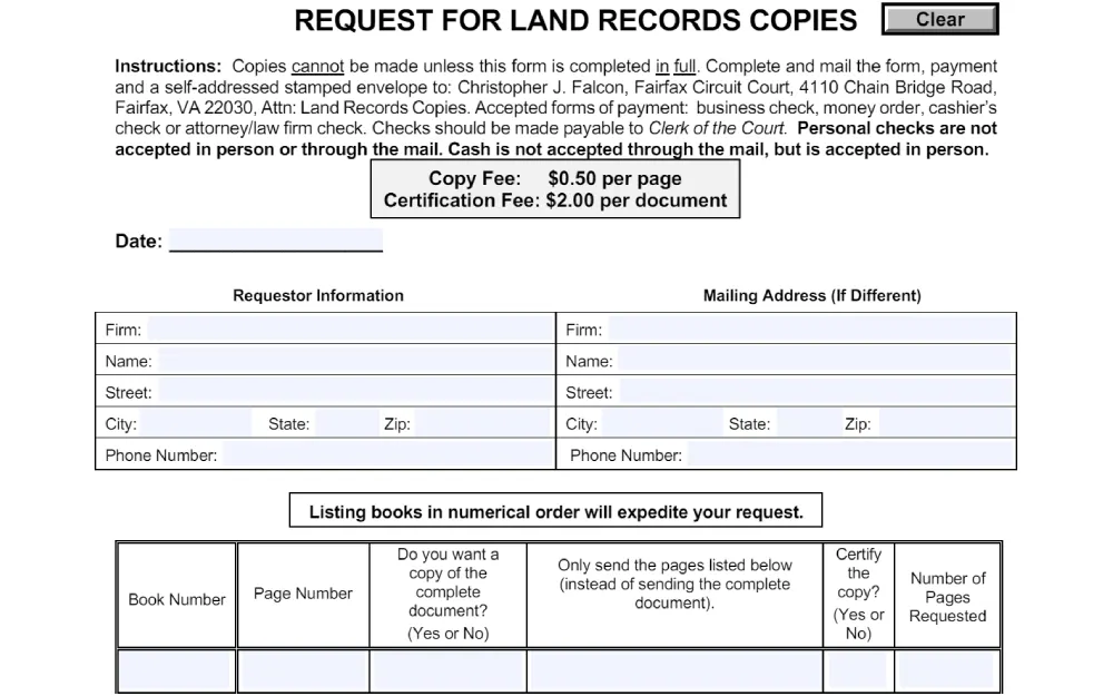 A screenshot of the Request For Land Records Copies form provided by the Fairfax Circuit Court that must be completed in full and submitted through mail when requesting a land record copy through mail transaction.